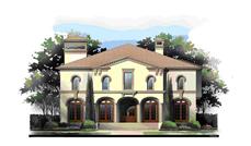 This is an artist's rendering of the front elevation of these Mediterranean House Plans.