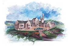 This image shows the front elevation for these Luxury House Plans, French House Plans, Victorian House Plans.