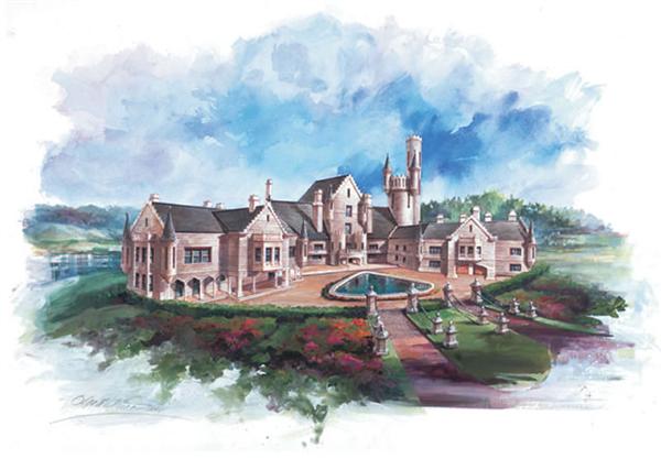 This image shows the front elevation for these Luxury House Plans, French House Plans, Victorian House Plans.