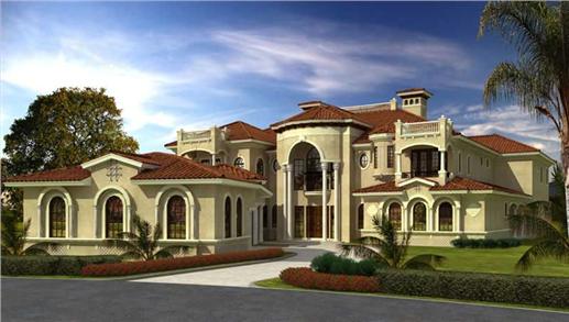 Luxury homeplans color front elevation.