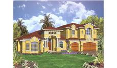 This image shows the front elevation of these Mediterranean House Plans, Beachfront Home Design, 1-1/2 Story Home Plans, Luxury FloorPlans.