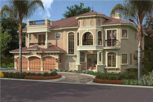 This image shows the front elevation of these Mediterranean House Plans, Luxury HomePlans.