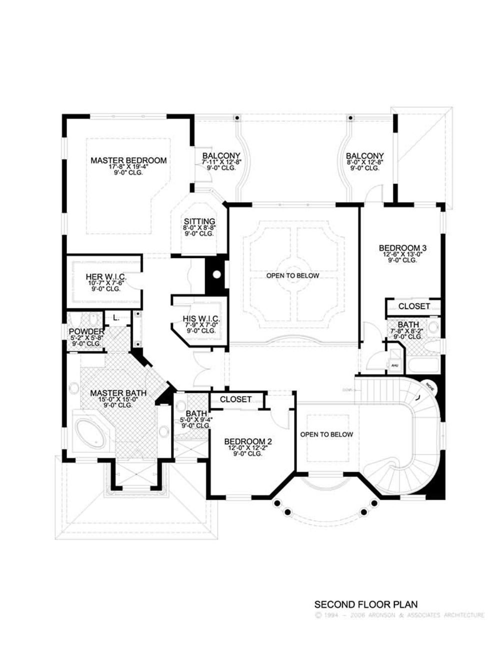 This image shows the living areas of the upper floor of the house plan.