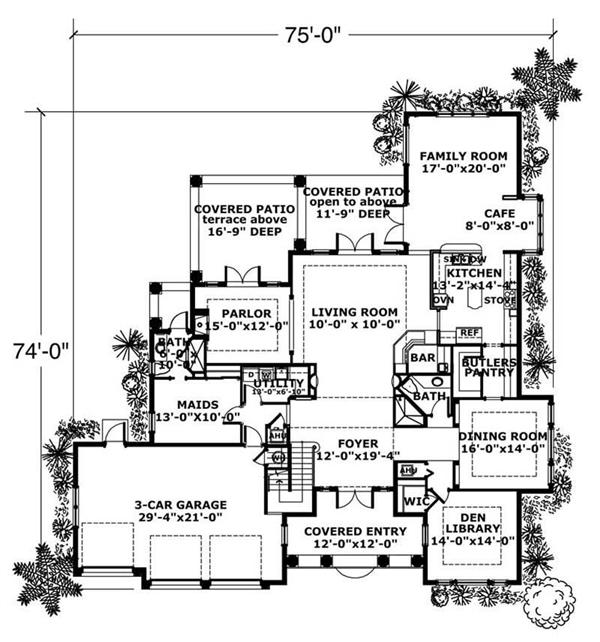 This image shows the living and dining areas of the main floor of the house plan.