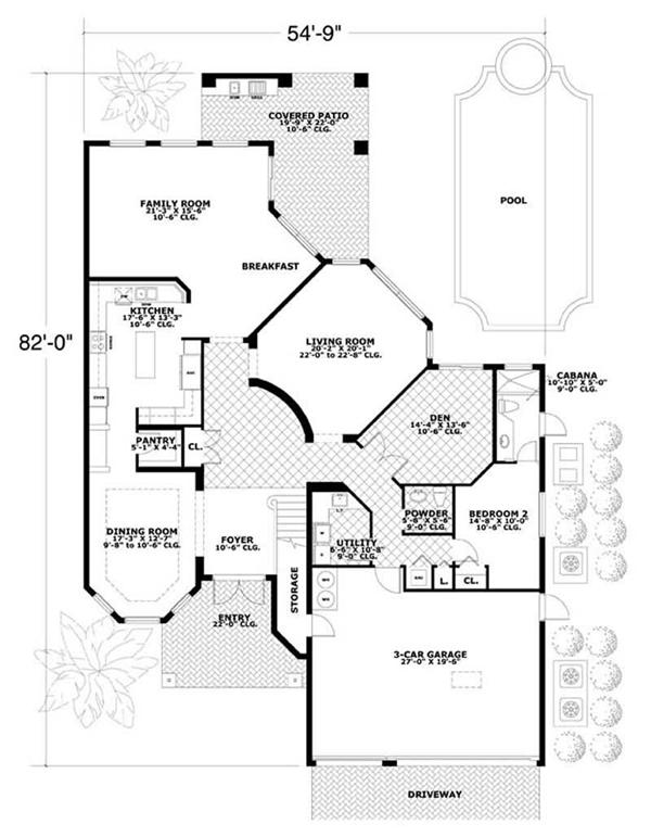 This image shows the living and dining areas of the house plan.