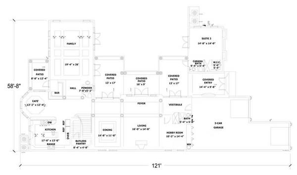 This image shows the living and dining areas of the home plan.