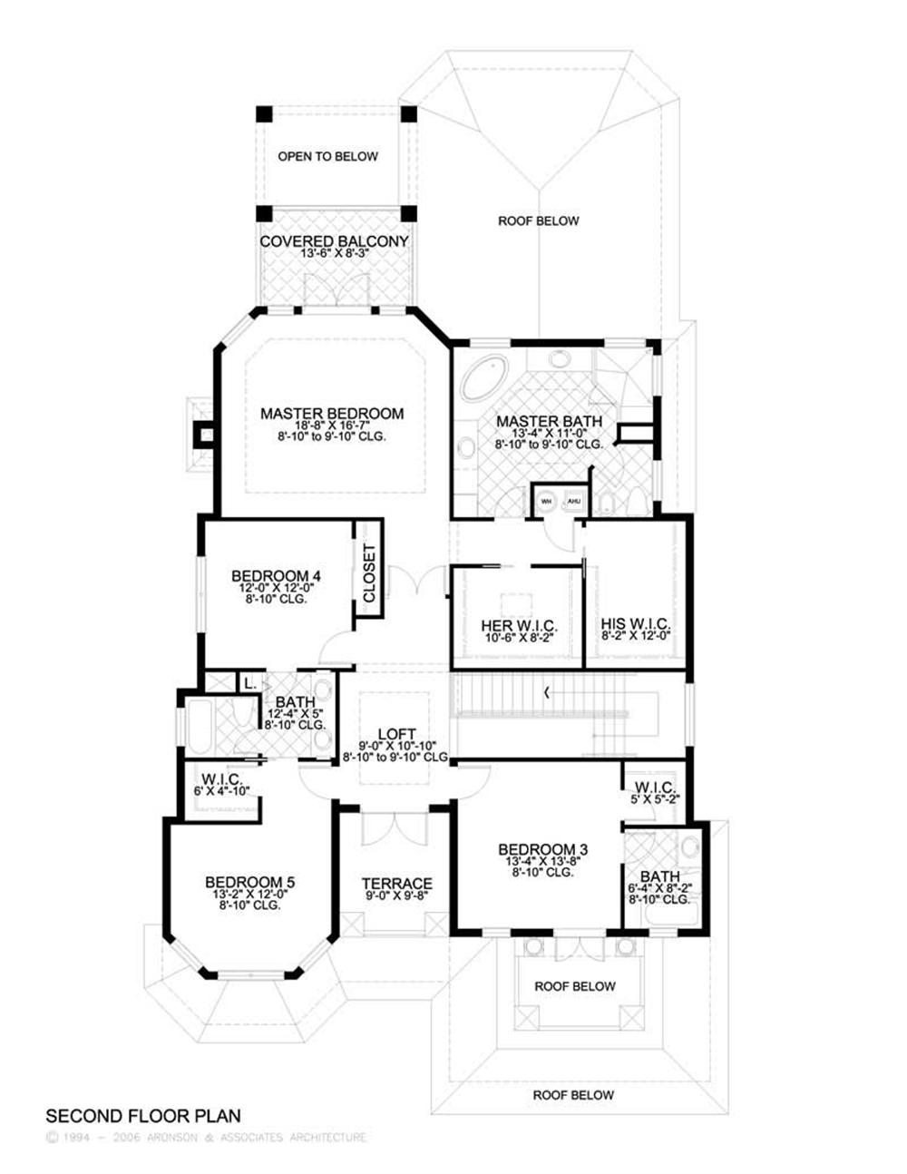 This image shows the living areas of the upper floor of the home plan.