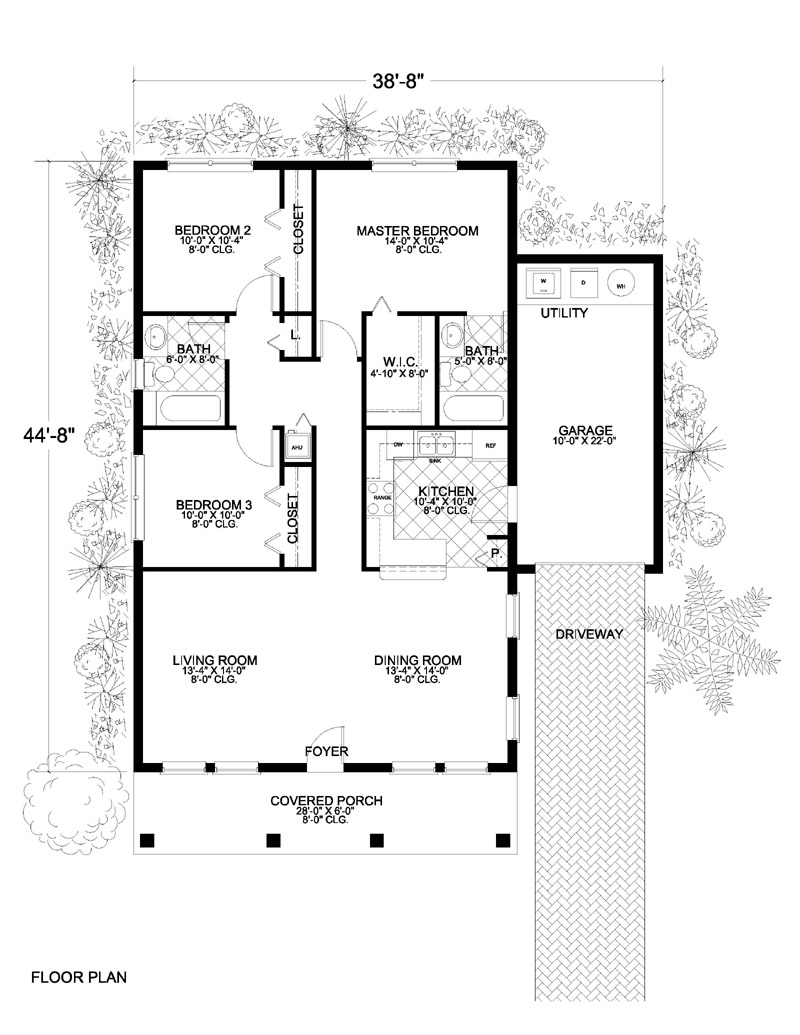 Mediterranean Home with 3 Bdrms, 1250 Sq Ft Floor Plan