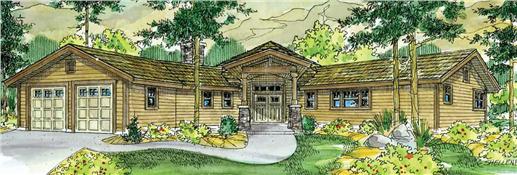 This image shows the front elevation of these Lodge House Plans.