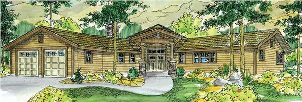 This image shows the front elevation of these Lodge House Plans.