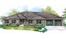This is the front elevation for these Prairie House Plans