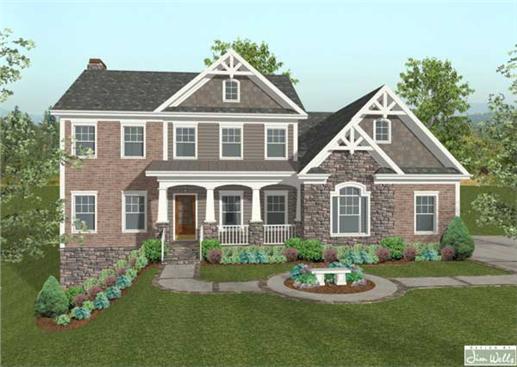 This image shows the front elevation of these Craftsman House Plans.