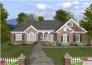 This is a colorful rendering of the front of these Traditional Ranch Homeplans.
