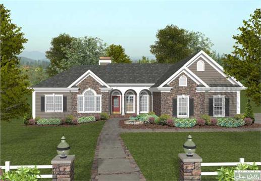 This is a front elevation of these Ranch House Plans.
