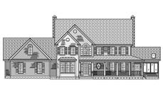 This image shows a black and white rendering of the front elevation of these Farmhouse Home Plans.