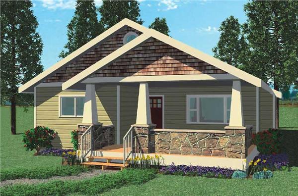 This image is a computer rendering of the Quail Run Bungalow House Plans.