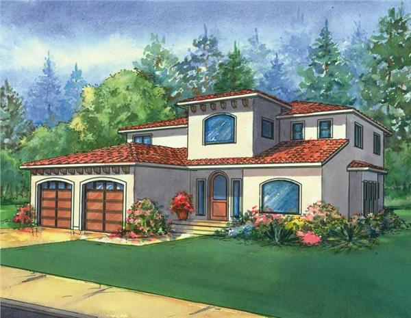 This image is a colored rendering of the Santa Barbara Mediterranean Houseplans.
