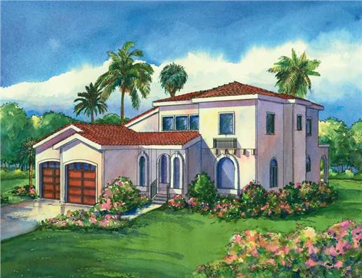 This image shows the colored rendering of the Villa Rosa Mediterranean Houseplans.
