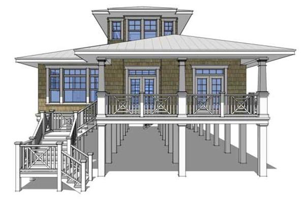 This is a 3D computerized rendering of these Beachfront House Plans.