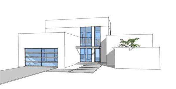This is the front elevation for these Modern House Plans.