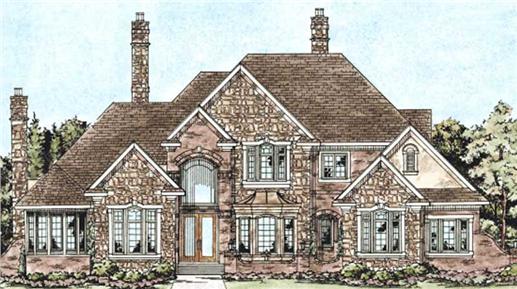 This image shows the front elevation of these Luxury House Plans, European House Plans, Traditional House Plans, 1-1/2 Story House plans.