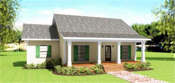 This image shows the front elevation of this set of Country Houseplans.