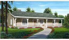 This is the front elevation for these Country Ranch House Plans.