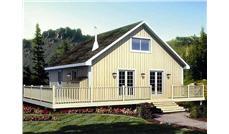 This is the front elevation for these Cabin House Plans.