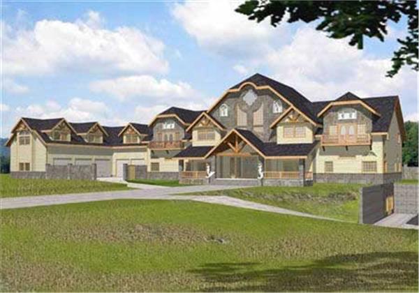 This image shows the front elevation for these Luxury House Plans.