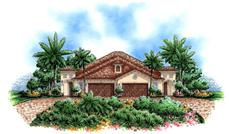 Mediterranean house plans color rendering front elevation.