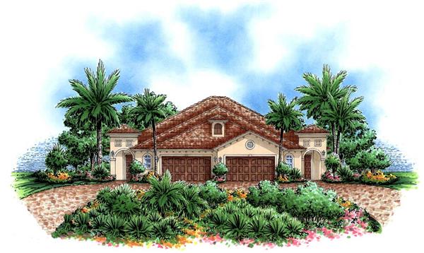 Mediterranean house plans color rendering front elevation.