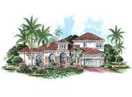 This image shows the front elevation for these Mediterranean House Plans.