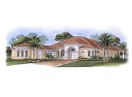 This image shows the front elevation for these Mediterranean House Plans.