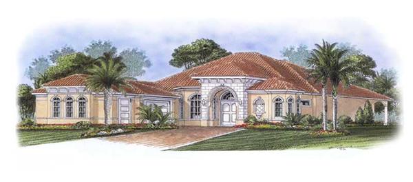 This image shows the front elevation for these Mediterranean House Plans.