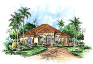 This image shows the front elevation for these Mediterranean House Plans.