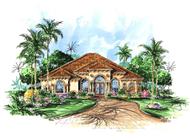 This image shows the front elevation for these Mediterranean House Plans.