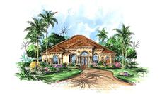 This image shows the front elevation for these Mediterranean House Plans.