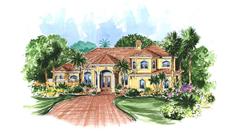 This image shows the front elevation for these Mediterranean House Plans, Florida House Plans, Spanish House Plans.