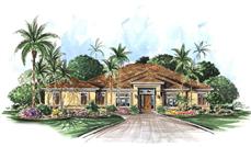 This image shows the front elevation for this set of Mediterranean House Plans