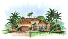 This image shows the exterior for these Mediterranean House Plans.