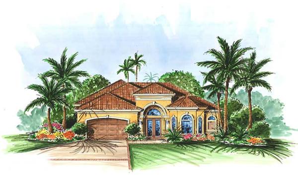 This image shows the exterior for these Mediterranean House Plans.