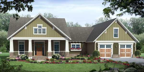 This is the front elevation for these Craftsman House Plans.