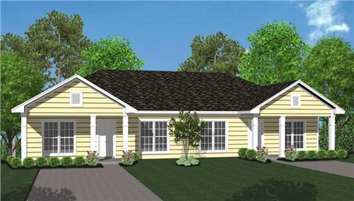 This is a computer rendering of these Ranch Duplex House Plans.