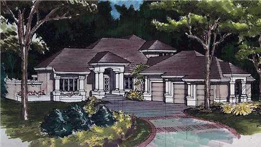 Luxury Houseplans LS-B-91008 colored front rendering.