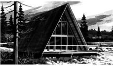 This is the front elevation of A-Frame House Plans LS-H-726-3A.