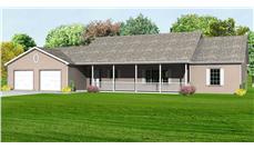 This is the front elevation rendering of these Ranch House Plans.