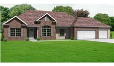 This image shows a computerized 3D front elevation rendering for these Ranch Home Plans.