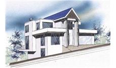This is the front elevation for these Modern House Plans.