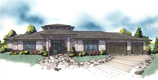 This is a color rendering of these Prairie House Plans.