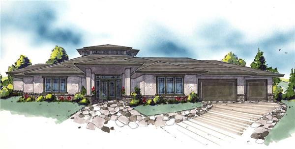 This is a color rendering of these Prairie House Plans.
